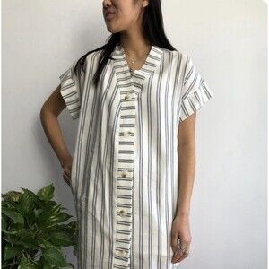 Melissa Nepton Women Size M Uma Shirt Dress Blue Striped Linen Blend Lagenlook